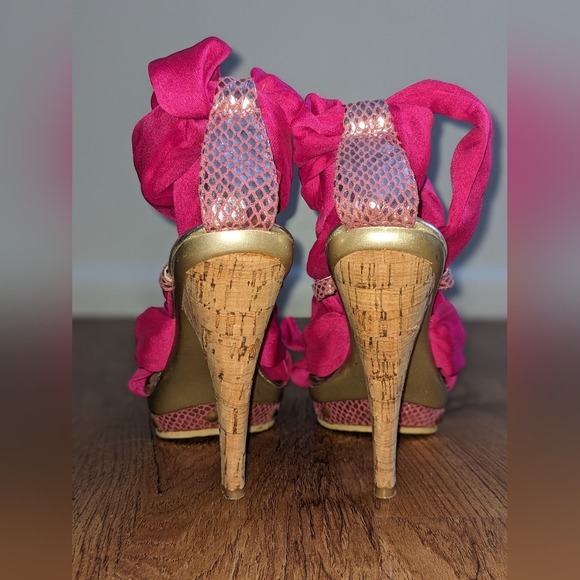 Hot Pink Cork Platform Heels Stiletto Wrapped Sandal - Picture 4 of 6